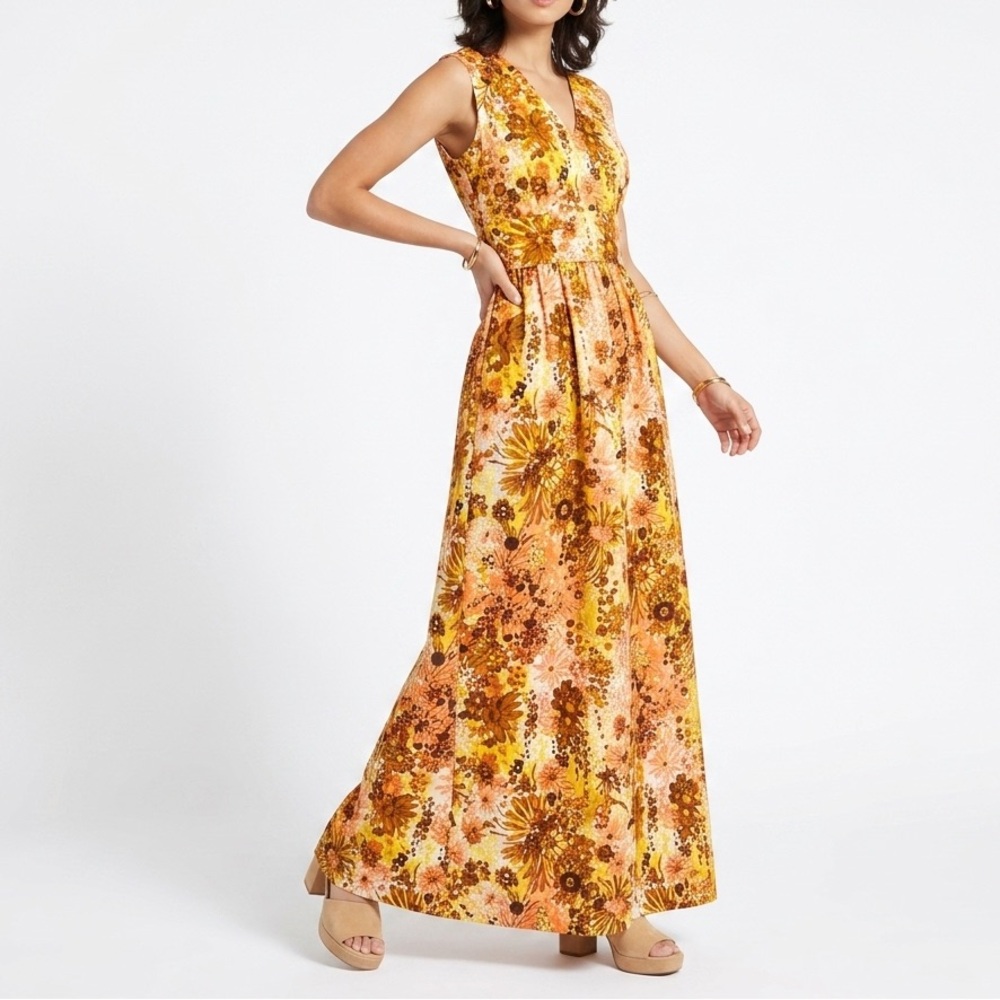 VINTAGE 1970s Boho Chic Revival Floral Sleeveless Maxi Dress Orange Brown Yellow